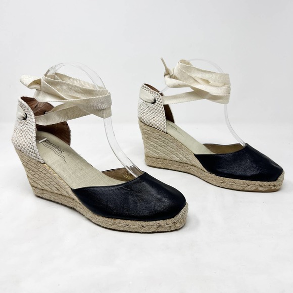 Soludos Shoes - [Soludos] Black Leather Tan Lace Up Tall Espadrille Wedge Sandals Almond Toe 8